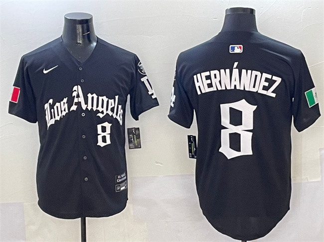 Men's Los Angeles Dodgers #8 Enrique Hernández Black Mexico 2025 LA Gothic Style With Fernando Patch Vapor Premier Limited Stitched Baseball Jersey Men's Los Angeles Dodgers #8 Enrique Hernández Black Mexico 2025 LA Gothic Style With Fernando Patch Vapor Premier Limited Stitched Baseball Jersey